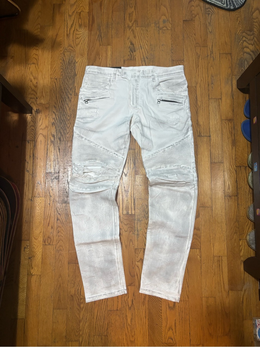Balmain White Slim Moto Jeans with Ribbed Knee Panels